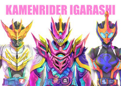  1girl 2boys absurdres armor bat_(animal) blue_eyes cloak cobra_(animal) cobra_vistamp compound_eyes english_text fang fifty_gale_vistamp highres kamen_rider kamen_rider_igarashi kamen_rider_jeanne kamen_rider_live kamen_rider_revice kamen_rider_revice:_battle_familia koneko libera_driver multiple_boys orange_eyes pink_eyes revice_driver shoulder_armor standing straight-on two_sidriver upper_body vistamp 