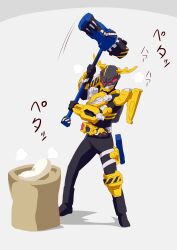  1boy absurdres armor black_bodysuit bodysuit breath compound_eyes desire_driver food full_body gigant_container_buckle gigant_hammer hammer highres holding holding_hammer holding_weapon horns kamen_rider kamen_rider_geats_(series) kamen_rider_seeker kamen_rider_seeker_(powered_builder_form) mochi mochitsuki movie_battle_royale otokamu powered_builder_buckle raise_buckle red_eyes rider_belt shadow simple_background sound_effects standing weapon yellow_armor yellow_horns 
