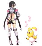  :o animal armor ass bird black_hair boots creature hand_on_hip high_heels hunter_(phantasy_star_online_2) looking_away mini_rappy musical_note neighbor_quartz phantasy_star phantasy_star_online phantasy_star_online_2 rappy shoes short_hair simple_background singing standing totteri white_background 
