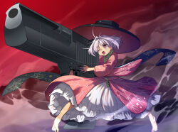  1girl barefoot bowl bowl_hat commentary_request desert_eagle gun handgun hat holding holding_gun holding_weapon huge_weapon japanese_clothes kimono long_sleeves mini_person minigirl one_eye_closed open_mouth purple_hair red_eyes red_kimono solo sukuna_shinmyoumaru syope toes touhou weapon 