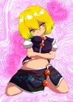  1girl blonde_hair blush crossed_arms harusame_(unmei_no_ikasumi) head_tilt kneeling lunasa_prismriver midriff miniskirt navel no_hat no_headwear psychedelic shirt short_hair skirt skirt_set solo symbol-shaped_pupils touhou vest yellow_eyes 