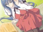  adjusting_hair basket black_legwear blue_eyes blue_hair dutch_angle from_above himemiya_chikane josei_nyoshou kannazuki_no_miko long_hair pantyhose school_uniform sitting solo 