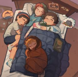  4boys absurdres beanie bed bedroom black_hair blonde_hair brown_hair cat clenched_teeth clyde_frog converse dabi_bill dreaming eric_cartman freckles hat highres kenny_mccormick kyle_broflovski male_focus multiple_boys pajamas shirt sleeping smile socks south_park speech_bubble stan_marsh stuffed_animal stuffed_frog stuffed_toy t-shirt teeth thought_bubble 