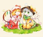  2girls all_fours blonde_hair blouse blush_stickers bubble closed_eyes colored_pencil_(medium) fang fingernails flandre_scarlet frilled_hat frilled_skirt frills grass green_eyes hand_on_own_chest hat hat_ribbon heart heart_of_string highres kneeling komeiji_koishi looking_at_viewer mary_janes mob_cap multiple_girls nail_polish open_mouth outdoors pink_background puffy_short_sleeves puffy_sleeves ribbon shiro_tsugumi shoes short_sleeves simple_background skirt skirt_set sleeves_past_wrists third_eye touhou traditional_media watercolor_(medium) watercolor_pencil_(medium) white_hair wings wrist_cuffs 