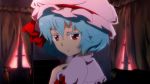  anime_coloring bat_wings blouse blue_hair bow colored_eyelashes curtains hand_on_own_chest hat hat_ribbon looking_away looking_back parted_lips red_eyes remilia_scarlet ribbon short_hair solo touhou window wings yorugao 