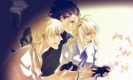  2boys ahoge black_hair blonde_hair casual coffee controller fate/zero fate_(series) game_controller gilgamesh green_eyes jewelry lancer_(fate/zero) long_hair multiple_boys necklace playing_games ponytail red_eyes ribbon saber sodawhite video_game yellow_eyes 