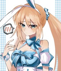  1girl 710_ao animal_ears artoria_caster_(fate) artoria_caster_(swimsuit_berserker)_(fate) artoria_caster_(swimsuit_berserker)_(second_ascension)_(fate) artoria_pendragon_(fate) bare_shoulders blonde_hair blue_dress blue_scrunchie blush breasts closed_mouth commentary_request detached_sleeves dress fake_animal_ears fate/grand_order fate_(series) green_eyes hair_ornament hair_scrunchie highres long_hair looking_at_viewer medium_breasts official_alternate_costume rabbit_ears scrunchie solo sweatdrop twintails very_long_hair 