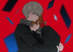  2boys black_shirt blue_card card closed_mouth collared_shirt floating_card goguma_wagamja grey_hair hanamura_yousuke headphones headphones_around_neck highres hug male_focus multiple_boys narukami_yuu persona persona_4 red_background school_uniform shirt short_hair sweat tears upper_body very_short_hair yasogami_school_uniform 