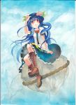  blue_hair boots cross-laced_footwear dress food fruit hand_on_hat hat hinanawi_tenshi keystone lace-up_boots long_hair looking_up mosho peach red_eyes rock sitting sky solo touhou traditional_media watercolor_(medium) 