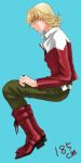  barnaby_brooks_jr boots glasses green_eyes jacket jewelry male red_jacket ring simple_background sitting solo subaru1045 tiger_&amp;_bunny 
