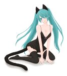  animal_ears aqua_eyes aqua_hair breasts cat_ears cat_tail cleavage hatsune_miku highres kneeling long_hair simple_background solo tail thigh-highs thighhighs twintails very_long_hair vocaloid white_background yukichi_(snow_blood) 