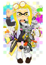  1girl aerospray_(splatoon) black_neckerchief black_sailor_collar black_shorts blonde_hair braid brown-framed_eyewear brown_shoes closed_mouth commentary_request eyewear_on_head fizzy_bomb_(splatoon) full_body glasses gradient_hair grey_shirt hand_up highres inkling inkling_girl inkling_player_character loafers long_hair long_sleeves looking_at_viewer luna_blaster_(splatoon) mini_splatling_(splatoon) moudoku_(decopon3rd) multicolored_hair n-zap_(splatoon) neckerchief pointy_ears purple_hair round_eyewear sailor_collar sailor_shirt shirt shoes shorts single_braid smile socks solo splatana_wiper_(splatoon) splatoon_(series) splatoon_3 split_mouth sploosh-o-matic_(splatoon) standing tentacle_hair tetra_dualies_(splatoon) too_many_weapons two-tone_hair undercover_brella_(splatoon) v weapon weapon_on_back white_socks yellow_eyes 