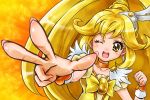  1girl ;d blonde_hair choker cure_peace hair_ornament hairpin kise_yayoi long_hair magical_girl open_mouth orange_background precure smile smile_precure! solo v wink yellow yellow_eyes 