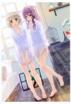  :o absurdres barefoot bed birdcage blue_eyes bottomless brown_eyes brown_hair cage cupboard dress_shirt dutch_angle eiffel_tower feet highres landmark legs long_hair minimized multiple_girls naked_shirt naruse_chisato original purple_hair shirt short_hair sleeves_rolled_up toes v_arms wavy_hair window 