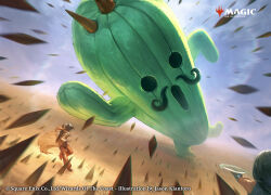  1boy 1girl chakram commentary copyright_name copyright_notice desert english_commentary facial_hair final_fantasy final_fantasy_viii gun gun_on_back highres irvine_kinneas logo magic:_the_gathering mustache official_art ponytail rinoa_heartilly sabotender spikes thatjaykart weapon weapon_on_back 