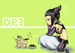  1girl animalization baggy_pants bare_shoulders bell bell_collar black_hair breasts cat chin_rest collar cosplay elbow_gloves gloves han_juri indian_style kimchi riry sideboob sitting street_fighter street_fighter_iv super_street_fighter_iv translated translation_request twintails yang_lee yun_lee 