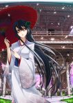  1girl architecture black_hair brown_eyes din_(flypaper) east_asian_architecture japanese_clothes kimono long_hair looking_away open_mouth oriental_umbrella original petals solo umbrella wind 