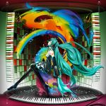  bad_id closed_eyes detached_sleeves eyes_closed green_hair hatsune_miku headphones long_hair mittye musical_note necktie piano_keys sitting skirt solo thigh-highs thighhighs twintails very_long_hair vocaloid 