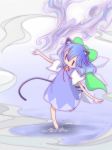  barefoot bell blue_dress blue_hair bow cat_ears cat_tail cirno dress hair_bow jingle_bell jumper kemonomimi_mode large_bow matsu outstretched_arms ribbon spread_arms tail touhou wings |_| 