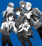  3girls age_difference carrying child command_spell dress emiya_kiritsugu everyone fate/zero fate_(series) father_and_daughter hat illyasviel_von_einzbern kotomine_kirei kotorino_deathko matou_kariya matou_sakura monochrome multiple_boys multiple_girls necktie shoulder_carry simple_background thigh-highs thighhighs tohsaka_rin toosaka_rin twintails uncle_and_niece young 