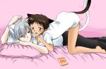  2boys :3 animal_ears bed bed_sheet blue_eyes blush brown_hair cat_ears cat_tail ikari_shinji kemonomimi_mode lying male multiple_boys nagisa_kaworu naked_shirt neon_genesis_evangelion on_stomach open_mouth pillow red_eyes shirt short_hair smile tail yaoi 