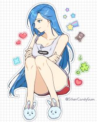  1girl absurdres alternate_costume animal_slippers blue_eyes blue_hair bunny_slippers commentary commission contemporary english_commentary fire_emblem fire_emblem:_path_of_radiance highres long_hair lucia_(fire_emblem) pixiv_commission short_shorts shorts silvercandy_gum slippers solo twitter_username very_long_hair 