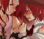  1girl ascot blue_eyes blush brother_and_sister closed_eyes crying crying_with_eyes_open detached_sleeves eyes_closed hat long_hair monaco0704 red_hair redhead seles_wilder siblings smile tales_of_(series) tales_of_symphonia tears translation_request zelos_wilder 