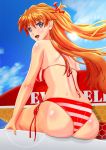  bikini blue_eyes blush jeibii lens_flare long_hair looking_back neon_genesis_evangelion open_mouth orange_hair side-tie_bikini smile soryu_asuka_langley souryuu_asuka_langley striped striped_bikini striped_swimsuit sun surfboard swimsuit 