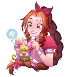  1girl aerith_gainsborough animal animalization bangle bow bracelet braid brown_hair chameleon clothed_animal cloud_strife commentary dress drill_hair drill_sidelocks final_fantasy final_fantasy_vii ginmu green_eyes grin hair_ribbon jacket jewelry jitome long_hair looking_down neck_ribbon parody parted_bangs pink_bow pink_dress pink_jacket pink_lips pink_ribbon ribbon scribble short_hair short_sleeves sidelocks simple_background single_braid sitting smile speech_bubble spiky_hair symbol-only_commentary tangled thought_bubble white_background 