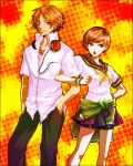  1girl :o brown_eyes brown_hair chiru collared_shirt couple crossed_arms hanamura_yousuke hand_on_hip hand_on_hips hands_in_pockets headphones headphones_around_neck hips legs locked_arms looking_at_viewer neckerchief open_mouth pants persona persona_4 satonaka_chie school_uniform serafuku short_hair skirt smile spiked_hair spiky_hair 