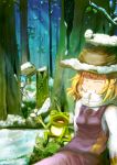  around_corner blonde_hair blue_dress blue_hair bow cirno closed_eyes dress eyes_closed forest frog grin hair_bow hair_ribbon hat hiding moriya_suwako multiple_girls nature open_mouth perfect_cherry_blossom ribbon scarf shirt short_hair skirt skirt_set smile snow sparkle spider_web touhou twilightrain vest watching wings winter 
