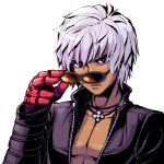  1boy dark_skin jewelry k&#039; king_of_fighters looking_at_viewer male necklace removing_sunglasses saitou_teikoku simple_background solo sunglasses tagme white_background white_hair 