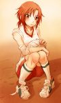  gym_uniform hair_ornament hairclip hino_akane muro_(yamashio_road) orange_eyes orange_hair precure red_hair shoes shorts sitting sleeves_rolled_up smile_precure! sneakers solo volleyball 