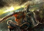  armor bccp fangs fantasy highres male monster original riding scales solo sunset tongue weapon 