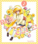  bespectacled blonde_hair blush cardigan glasses hairband highres kise_yayoi kneehighs loafers minimaru musical_note precure school_uniform shoes sitting skirt smile_precure! solo 