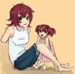  2girls adult age_difference amputee artist_request bare_shoulders barefoot child dress green_eyes if_they_mated katawa_shoujo mother_and_daughter multiple_girls pink_dress red_hair redhead short_twintails shorts tank_top tezuka_rin twintails twrlare 