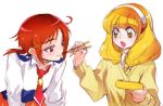  blonde_hair cardigan chopsticks eating hair_ornament hairband hairclip hino_akane kise_yayoi lowres multiple_girls necktie ponytail precure red_eyes red_hair redhead school_uniform sleeves_rolled_up smile_precure! tima white_background yellow_eyes 