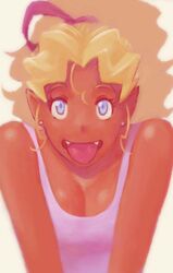  blonde_hair blue_eyes breasts cleavage dark_skin face fangs kuramitsu_mihoshi ramb_chop solo tenchi_muyou! 