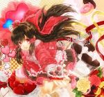  alternate_costume bow brown_hair chocolate doughnut flower frills hair_bow hair_tubes hakurei_reimu heart high_heels highres kujaku_renka long_hair open_mouth outstretched_hand payot red_eyes rose shoes skirt solo touhou valentine 