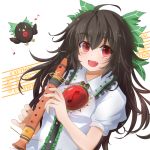  bird black_hair bow caution fang flute hair_bow instrument long_hair metalridley musical_note no_wings nuclear open_mouth radiation_symbol recorder red_eyes reiuji_utsuho reiuji_utsuho_(bird) simple_background skirt smile solo third_eye touhou 