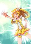  ;d aqua_background bike_shorts blonde_hair bowtie choker cure_peace dress hair_ornament hairpin hand_on_hip hips kise_yayoi long_hair magical_girl nekito no_nose open_mouth outstretched_hand precure shorts_under_skirt skirt smile smile_precure! solo wink wrist_cuffs yellow_dress yellow_eyes 