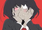  absurdres another black_hair blush eyepatch hands_on_own_cheeks hands_on_own_face highres mirai_nikki misaki_mei parody portrait red_background red_eyes simple_background solo yandere_trance 