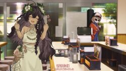 2girls ^_^ absurdres ahoge bare_shoulders blue_dress blue_neckerchief brown_hair cabbie_hat censored censored_gesture clenched_teeth closed_eyes conch crooked_eyewear cup dark-skinned_female dark_skin double_middle_finger dress drinking_glass facing_viewer fatutu flower girls_band_cry guitar_case hair_flower hair_ornament halter_shirt halterneck hands_up hat hibiscus highres indoors instrument_case jacket jewelry leaf_hair_ornament looking_at_another middle_finger midriff mosaic_censoring multiple_girls neckerchief necklace open_mouth orange_eyes polka_dot_neckerchief red_jacket regulus_(reverse:1999) restaurant reverse:1999 scene_reference shell shell_necklace shirt short_hair shoulder_tattoo skirt sleeveless sleeveless_shirt slms_(slms4) smile stool subtitled sunglasses table tattoo teeth upper_body wavy_hair white_flower white_shirt white_skirt 