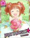  :d bouquet brown_hair character_name closed_eyes dress eyes_closed field flower idolmaster idolmaster_cinderella_girls jpeg_artifacts official_art open_mouth short_twintails smile solo star takatsuki_yayoi twintails wedding_dress 