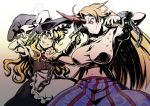  alphes beans blonde_hair breasts chain chains clenched_hand dual_wielding fist gradient gradient_background grin gun hat horn hoshiguma_yuugi huge_breasts kirisame_marisa long_hair mexican_standoff multiple_girls navel pistol red_eyes smile smoke touhou weapon witch witch_hat yellow_eyes 
