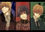  america_(hetalia) axis_powers_hetalia black_hair blonde_hair blue_eyes bomber_jacket brown_eyes enyon_moon5 green_eyes japan_(hetalia) male military military_uniform multiple_boys necktie uniform united_kingdom_(hetalia) 