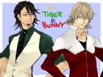  2boys barnaby_brooks_jr blonde_hair brown_eyes brown_hair crown facial_hair glasses green_eyes highres jacket jewelry kaburagi_t_kotetsu linego male multiple_boys necklace necktie red_jacket stubble tiger_&amp;_bunny title_drop vest waistcoat 
