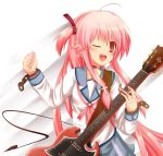  ;d angel_beats! chain chains electric_guitar guitar instrument kakeru_(arelgia) long_hair open_mouth pink_eyes pink_hair plectrum school_uniform serafuku smile solo sweat twintails two_side_up wink yui_(angel_beats!) 