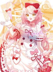  1girl :d arknights bow chinese_commentary chiyu_ai_mi_li commentary_request dress frilled_bow frills gloves goldenglow_(arknights) goldenglow_(party_in_the_garden)_(arknights) hair_bow hair_ornament heart heart_hair_ornament highres long_hair looking_at_viewer making-of_available official_alternate_costume open_mouth pink_hair plaid_bow procreate_(medium) puffy_short_sleeves puffy_sleeves red_bow short_sleeves smile solo white_dress white_gloves yellow_eyes 