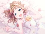  :d bare_shoulders bed blush brown_hair dress flower green_eyes hair_flower hair_ornament hair_ribbon idolmaster jumping_dogeza looking_at_viewer lying on_back on_bed open_mouth petals pillow ribbon smile solo takatsuki_yayoi twintails 